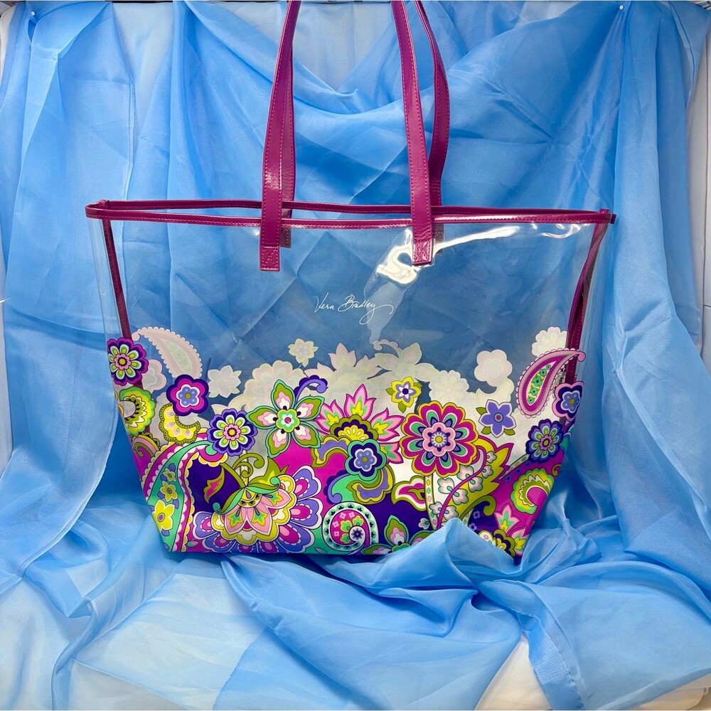 Vera Bradley XL Clear Plastic Heather Floral Paisley w/Magenta Straps Very Nice!